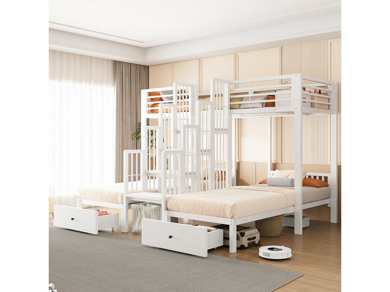  Lit superposé 90 × 200 cm 3 places avec escalier, barrières et 2 tiroirs, sans matelas, en métal et bois blanc  - Conforama B