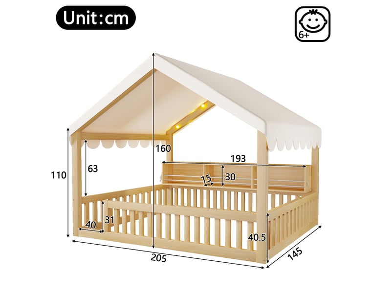 Lit cabane 140x200 cm avec led et bibliothèque naturel - Conforama C
