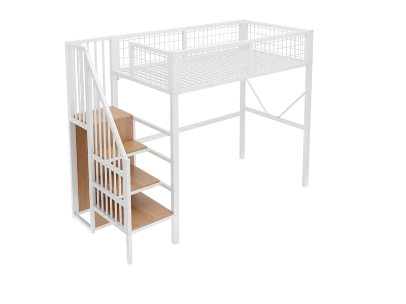  Lit mezzanine 90 x 200 cm avec led et escalier de rangement, lit simple en métal blanc avec penderie ouverte, rangements et garde-corps grillagé  - Conforama E