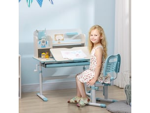 Ensemble bureau et chaise réglables pour enfants à partir de 3 ans, table inclinable à 60° avec tiroir et étagères, bleu
