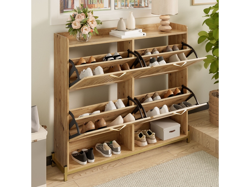 Meuble à chaussures 108,5x24x100 cm, 4 portes à lames ajourées, cadre métal et plateau, gain de place pour entrée et couloir - bois - Conforama B
