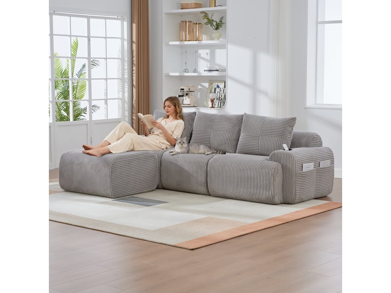  Canapé modulable, canapé de salon, porte-gobelets, gris clair, en velours tricoté  - Conforama R