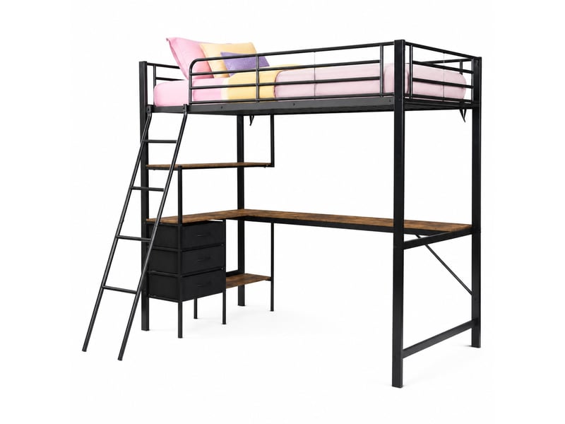 Lit mezzanine 90x200 cm en métal, bureau, 3 tiroirs et échelle inclinée noir - Conforama A