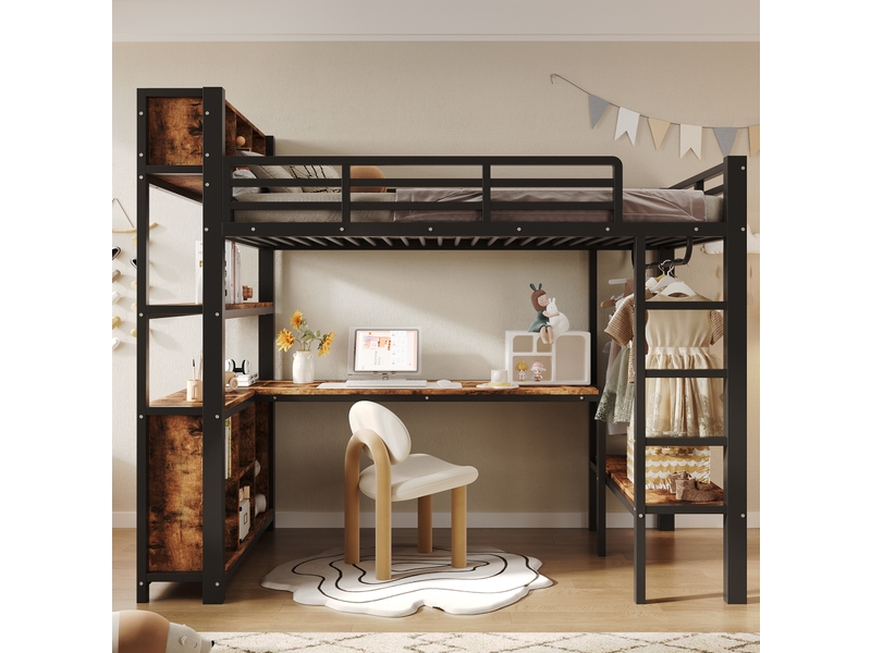  Lit mezzanine 90x200 cm, bureau, penderie, rangements, garde-corps, métal et mdf, noir et blanc, sans matelas  - Conforama D