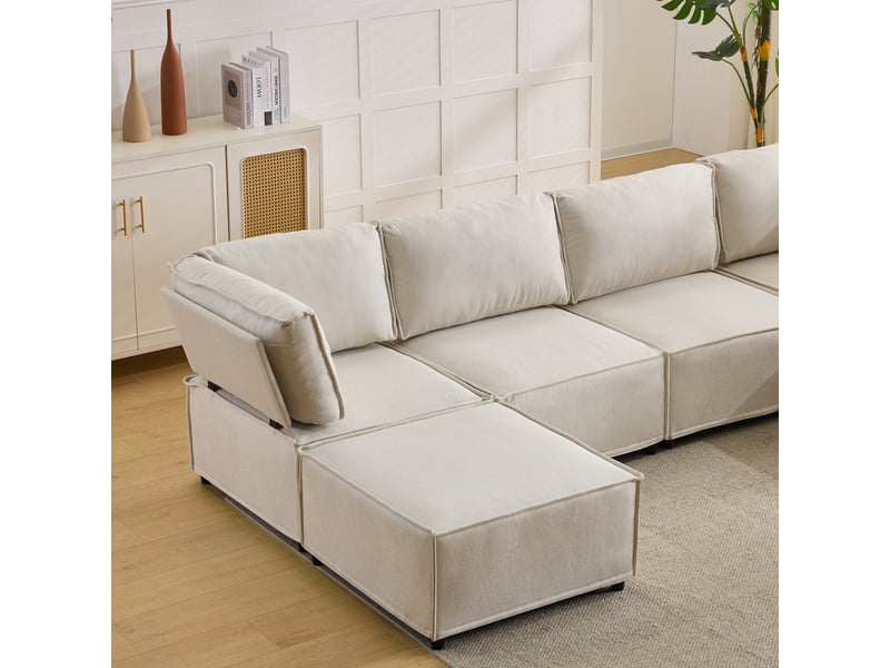  Canapé modulable d'angle beige tissu lin, structure bois et mousse ressorts, design contemporain élégant pour salon spacieux  - Conforama D
