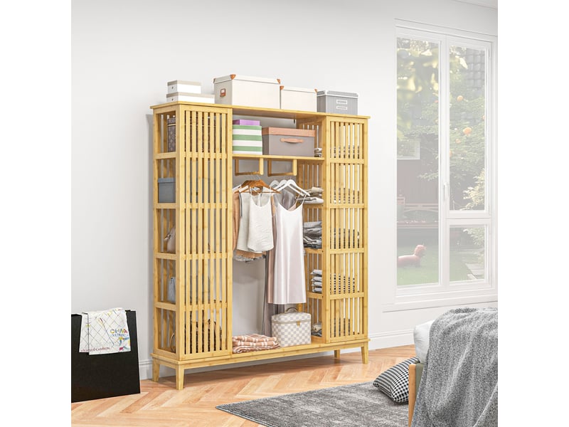  Armoire ouverte en bambou avec 2 portes coulissantes, étagères ouvertes et tringle à vêtements, 145 x 35 x 165 cm  - Conforama C