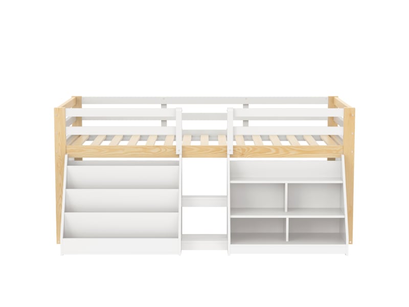  Lit mi-hauteur blanc et naturel 90 × 200 cm en pin, led, rangements et échelle  - Conforama A