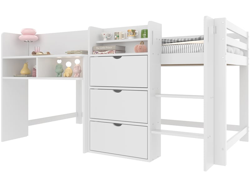 Lit mi-hauteur 90x200 blanc en forme de maison, lit cabane enfant blanc avec rangements intégrés, étagères, 3 tiroirs et échelle - Conforama A
