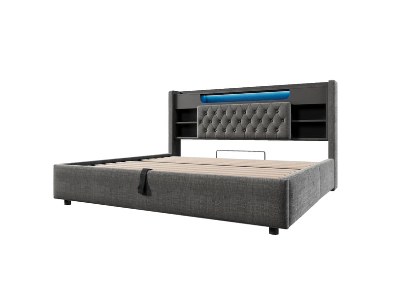  Lit coffre 180 × 200 cm, lin, gris, led, usb-c IKSETERA TRADING LTD - Conforama W