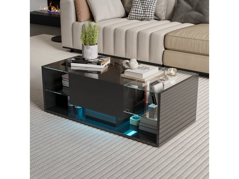  Table basse salon - design flottant avec éclairage led - double rangement et tiroir - plateau verre trempé - noir  - Conforama D