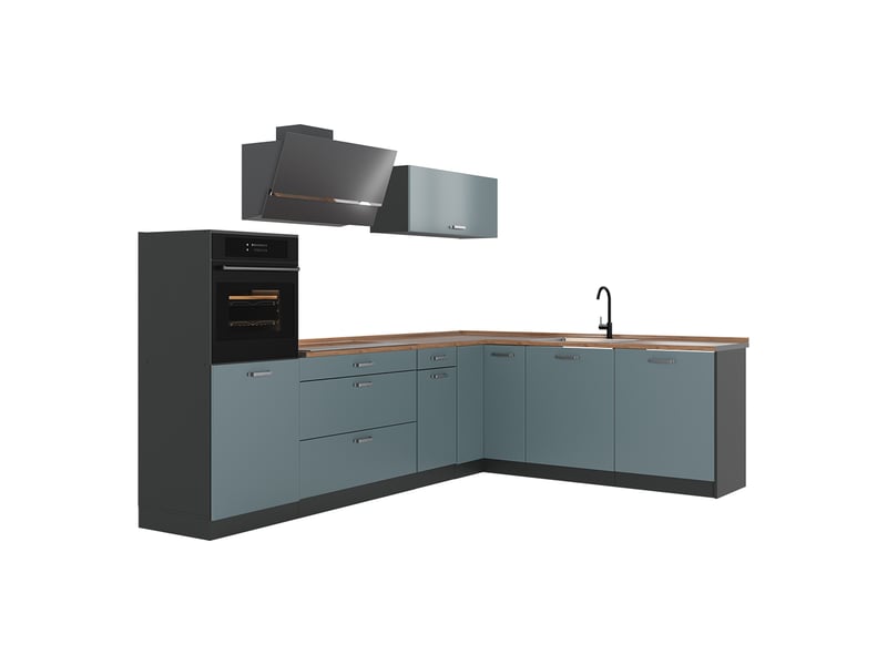Vicco cuisine en angle, bleu-grisanthracite, 287 x cm plan de travail chêne doré - Conforama A