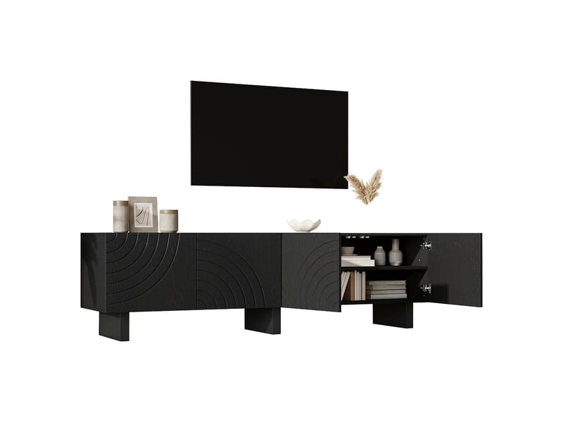  Meuble tv noir 180 cm pour tv jusqu'à 75 pouces, avec 4 portes texturées, design moderne  - Conforama A
