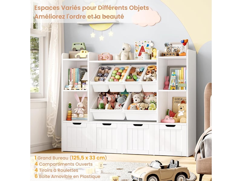  Meuble rangement enfant, bibliothèque enfant 140x30x106cm, blanc  - Conforama E