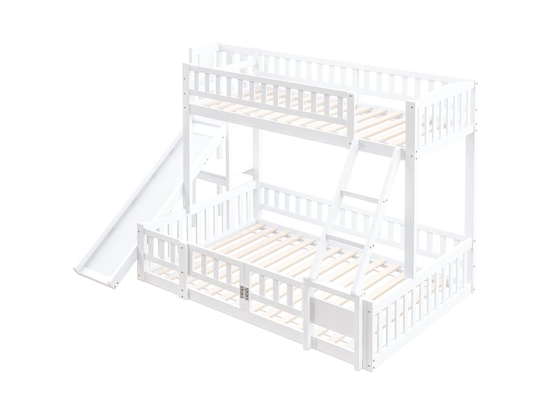  Lit superposé avec toboggan, étagères et porte coulissante, pin blanc, 90x200+140x200 cm  - Conforama D