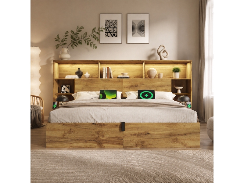  Lit coffre 180 x 200 cm chêne avec chevets intégrés, led, usb-a et usb-c  - Conforama C