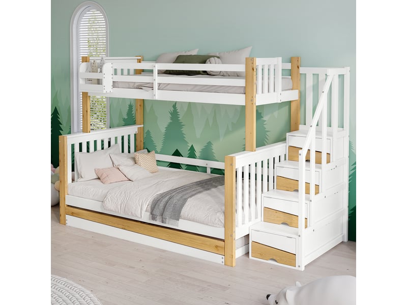  Lit superposé 90120x200 cm enfant - avec lit gigogne et escalier d’angle, barrière de sécurité - sans matelas - bois pin + mdf - blanc et naturel  - Conforama D