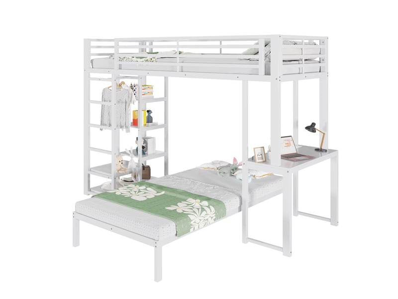  Lit mezzanine enfant 90 x 200 cm avec bureau, rangements et lit bas mobile blanc  - Conforama A