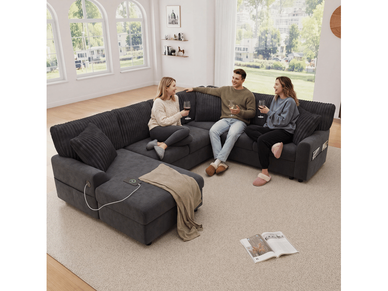  Canapé d'angle en u 6 places avec méridienne et ports usb et usb-c, gris  - Conforama D