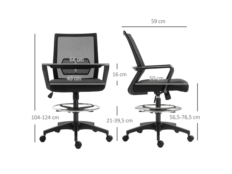  Chaise de bureau réglable en hauteur avec repose-pieds, dossier en maille, roulettes, plastique, noire  - Conforama E