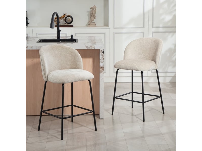  Tabouret de bar lot de 2 avec dossier ergonomique, assise rembourrée et repose-pieds, en polyester, beige  - Conforama B