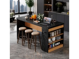 Îlot de cuisine 155 x 80 x 90 cm – noir et naturel – led intégrée, prises ac et usb, rangement ouvert