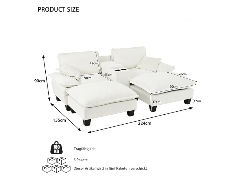  Canapé d’angle modulable, 2 poufs, rangements, ports usb et porte-gobelets, 2 coussins, 224 × 151 × 90 cm, beige  - Conforama C