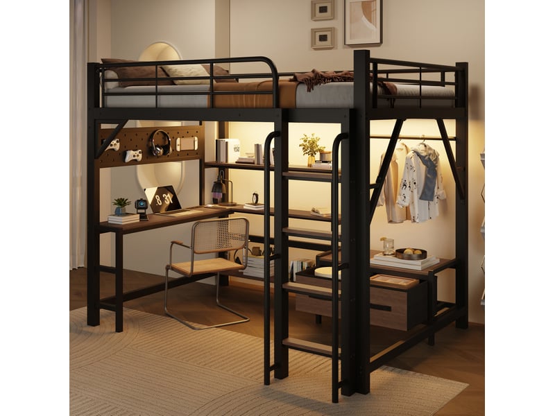  Lit mezzanine 140x200 cm avec bureau, rangements et led noir  - Conforama B