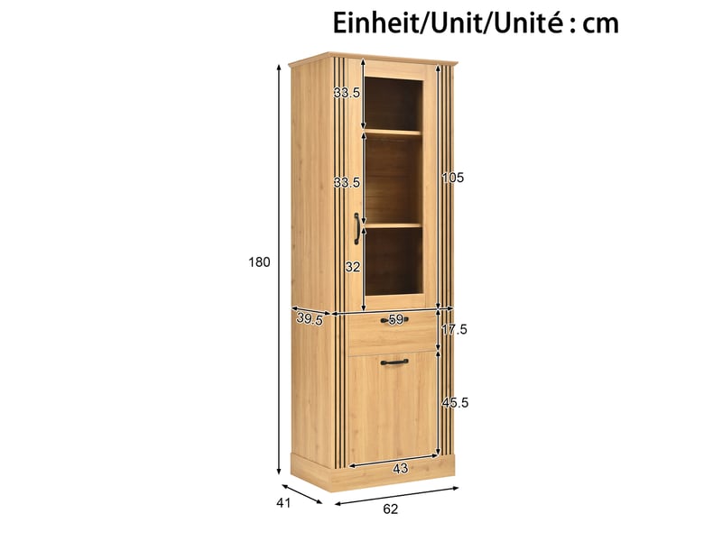  Vitrine haute 62x41x180 cm, éclairage led, commande par application, portes vitrées, porte miroir pour salon et séjour - naturel  - Conforama C