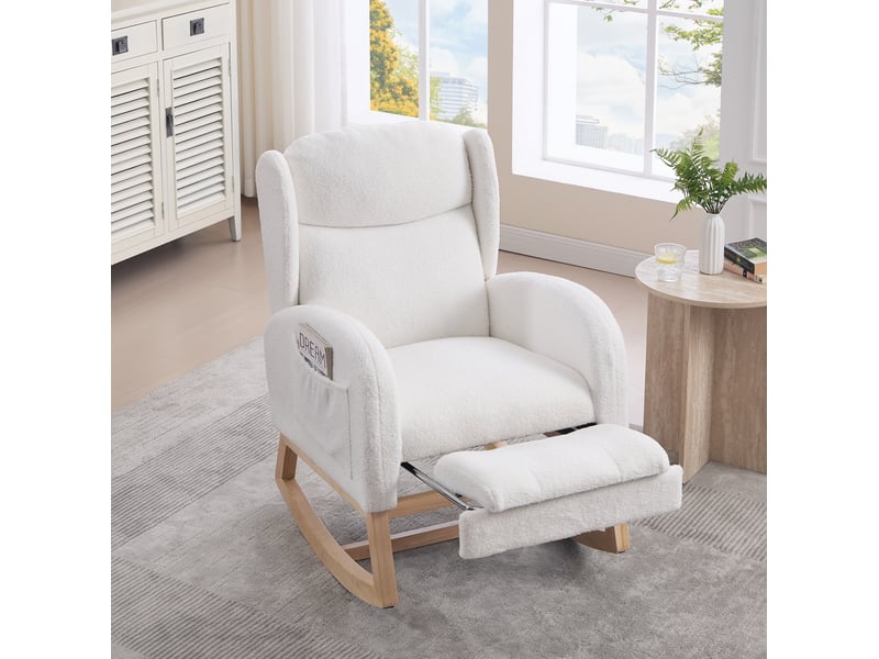 Fauteuil à bascule blanc 122,5 x 70 x 104 cm, tissu peluche, repose-pieds coulissant et poche latérale - Conforama B