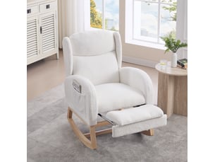 Fauteuil à bascule blanc 122,5 x 70 x 104 cm, tissu peluche, repose-pieds coulissant et poche latérale