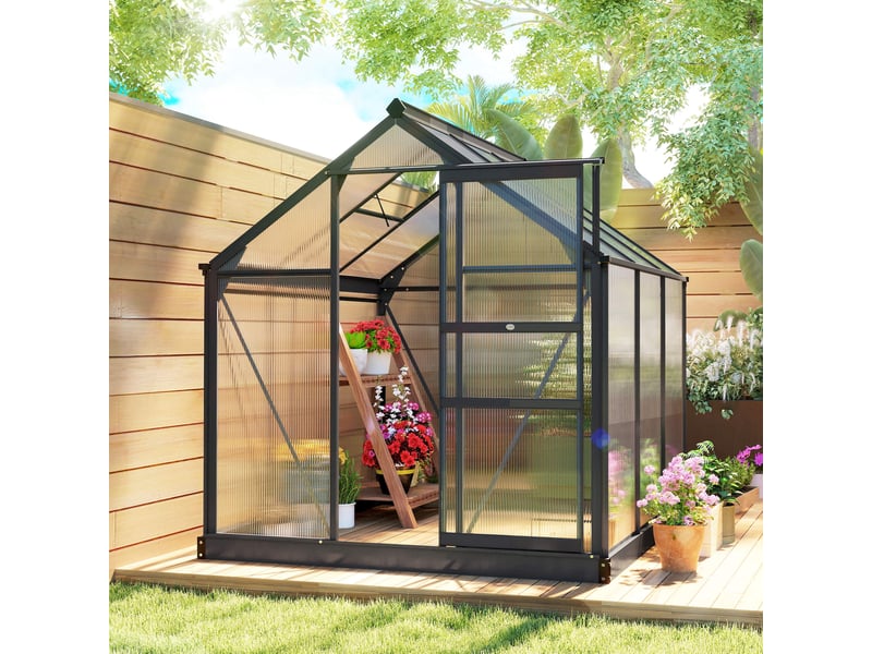  Serre de jardin polycarbonate 3,65m² 190 x 192 x 201 cm résistant aux uv fondation renforcé gouttière gris  - Conforama C