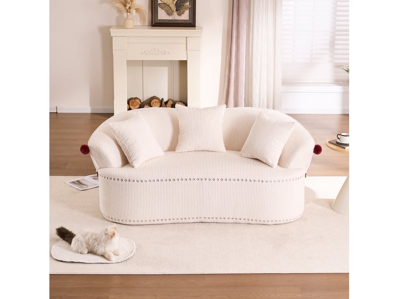  Canapé 2 places arqué en velours côtelé blanc 163x93x68 cm  - Conforama W