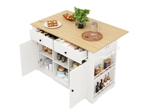 Îlot de cuisine mobile 151.5 x 59.7-84.7 x 91.7 cm, avec prise électrique et plateau rabattable, 2 portes 2 tiroirs, blanc
