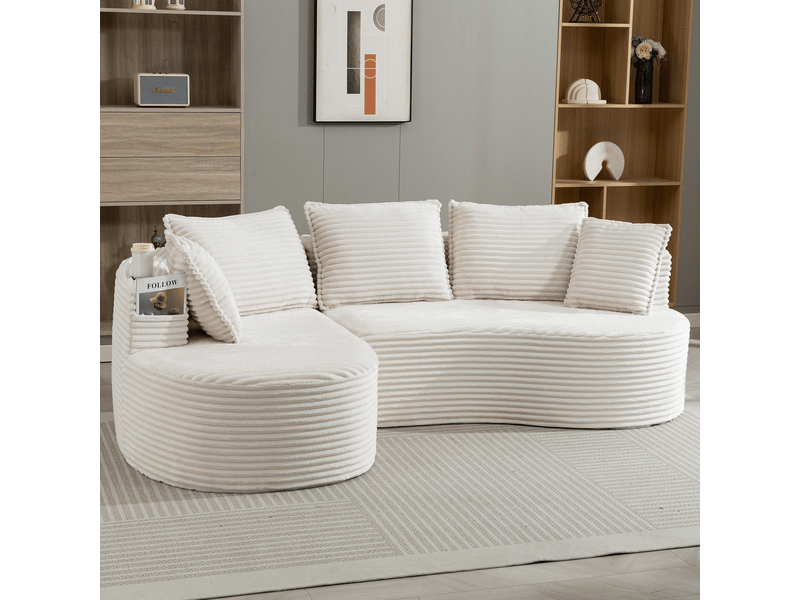  Canapé incurvé en velours côtelé avec porte-gobelets 250x152x82 cm - coussins et poches latérales  - Conforama E
