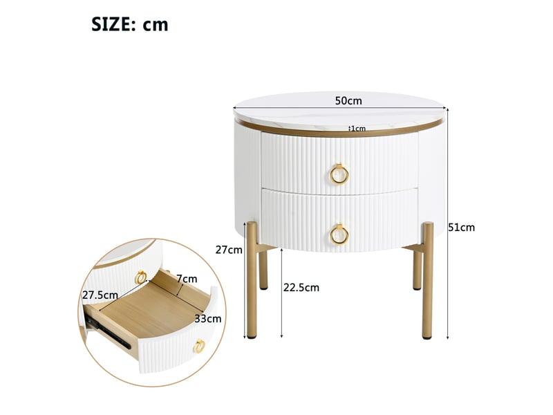  Table basse avec 2 tiroirs et pieds réglables, en mdf, blanc et or, 50 × 50 × 51 cm - uvrion  - Conforama E