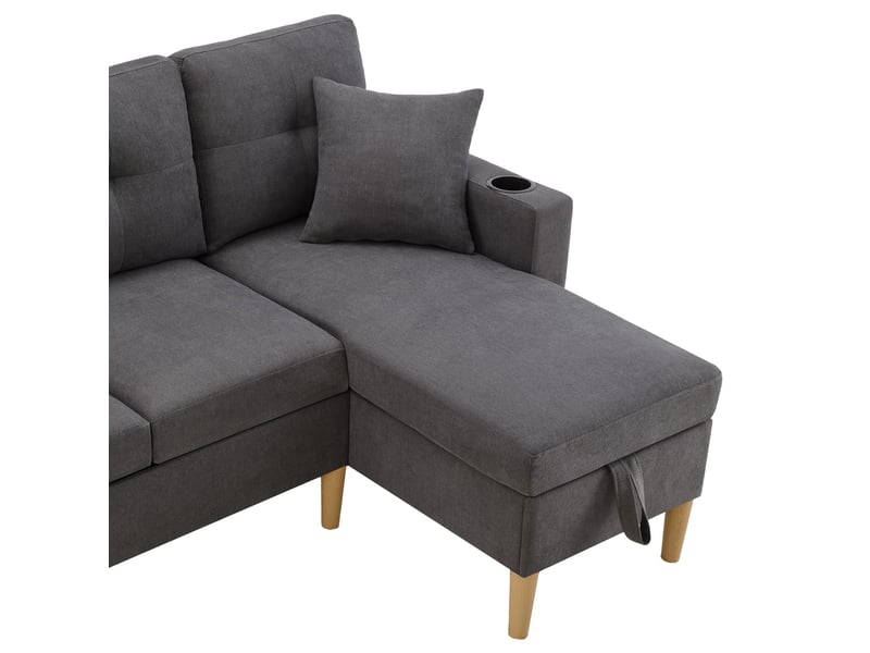  Canapé d'angle 3 places en tissu effet lin gris foncé avec chaiselongue et rangement intégré  - Conforama E