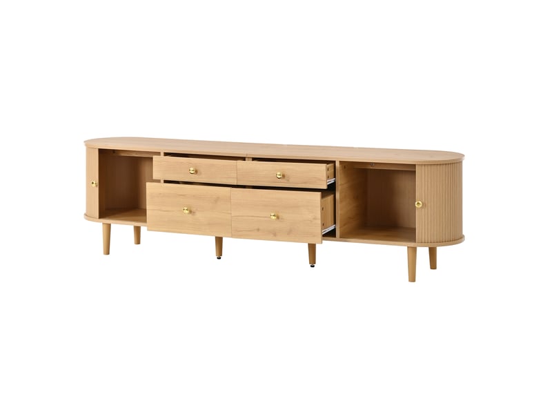  Meuble tv bas 180x35x50 cm, 4 tiroirs, 2 portes coulissantes, extrémités arrondies Fay Lum - Conforama E