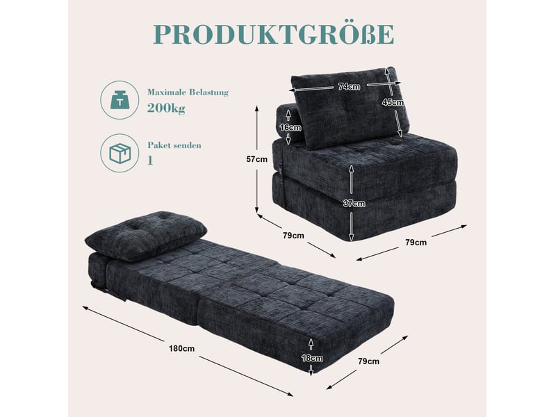 Fauteuil convertible pliant avec fonction couchage, dossier et coussins, gain de place, en tissu noir 79 × 79 × 57 cm - Conforama E