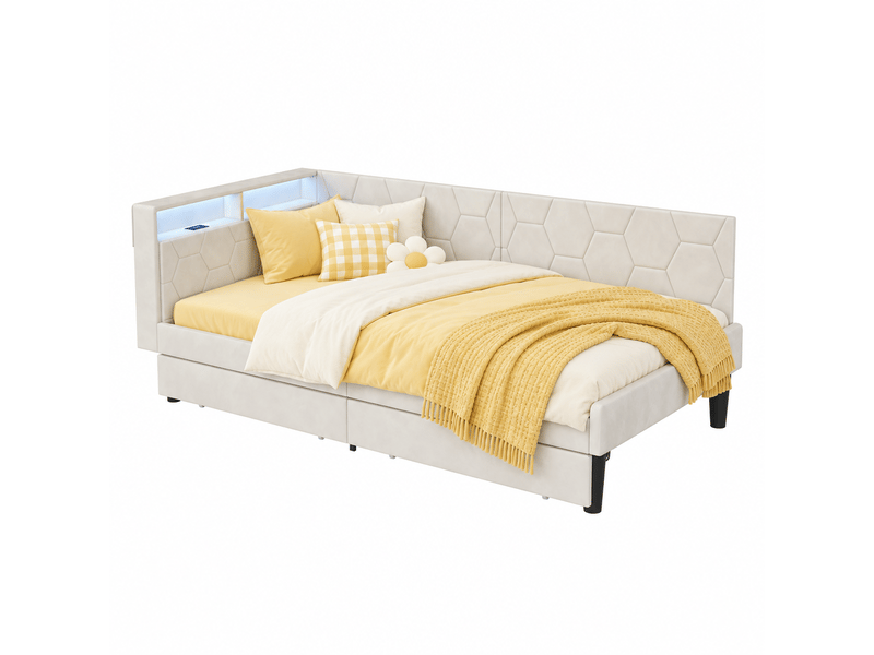  Canapé-lit 90x200 cm avec lampe led et port usb, lit rembourré avec 2 tiroirs, lit simple avec sommier à lattes, lit banquette, lit avec rangement, gris velours, matelas non inclus  - Conforama A