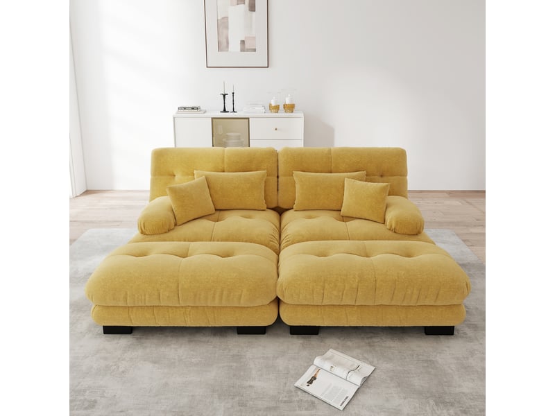  Canapé modulaire en chenille avec assise profonde, coussins lombaires et ottomans, jaune  - Conforama C