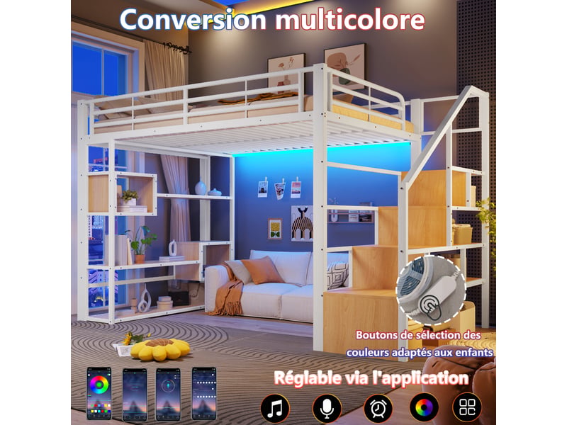 Lit mezzanine, 140 × 200 cm, blanc, métal et mdf, éclairage led, rangements intégrés, échelle avec rangements, sans matelas - Conforama D