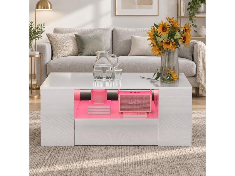  Table basse led blanc brillant 95x53x37 cm，avec 2 tiroirs et 2 niches, contrôle par application  - Conforama E