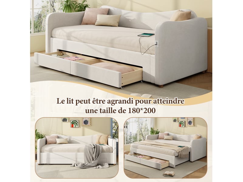  Couchage gigogne, 90x200 cm, lit banquette, tête de lit, recharge, matelas non inclus, tissu et velours, coloris beige  - Conforama E