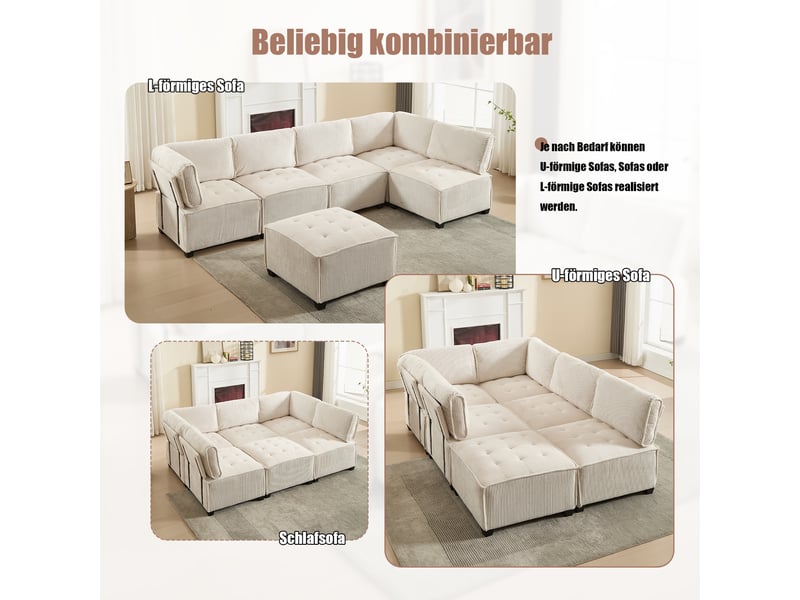  Canapé modulaire 6 places - 308 cm - velours côtelé - forme ulcanapé-lit - ergonomique - poches de rangement Beige - Conforama D