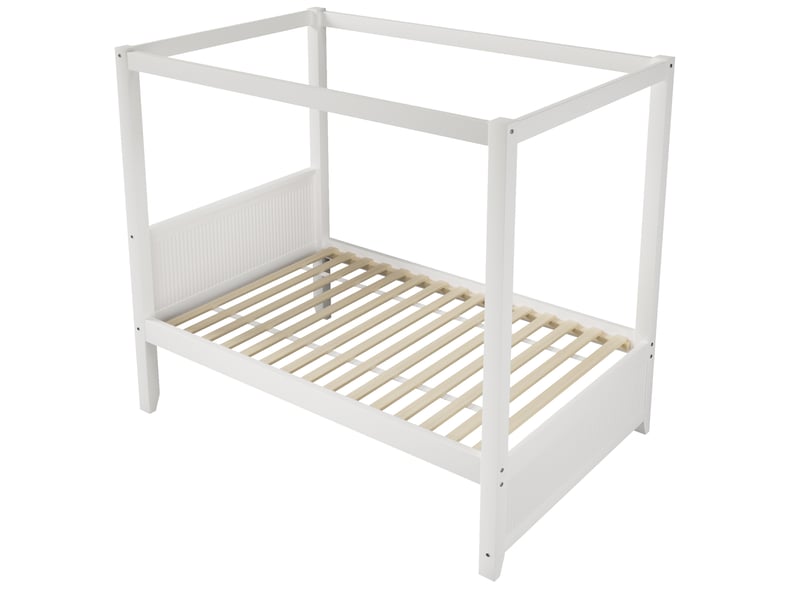  Lit baldaquin 90x200 cm en pin et mdf blanc, sans matelas  - Conforama D