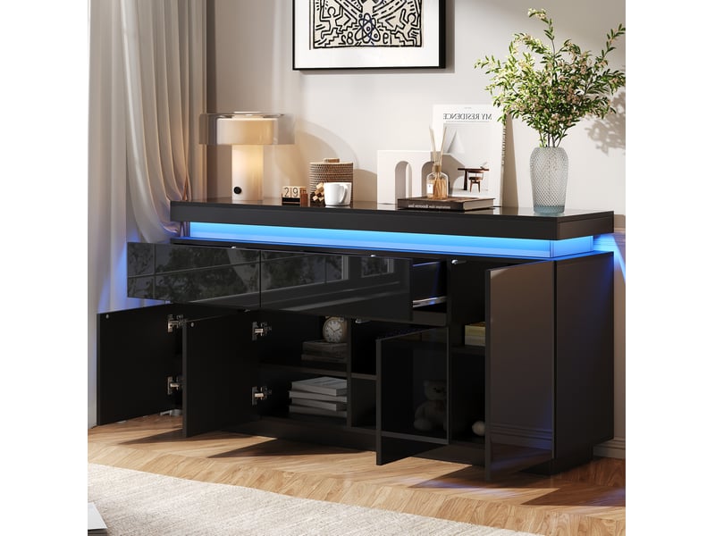  Buffet bas tcqpz 140 x 35 x 72,5 cm 2 tiroirs 4 portes led noir  - Conforama D