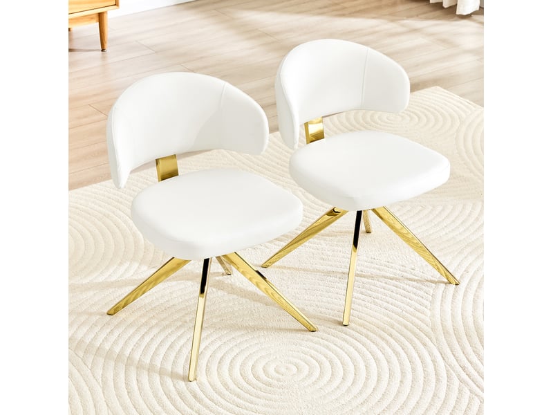  Lot de 2 chaises de salle à manger pivotantes à 360° avec dossier incurvé en pu blanc et doré  - Conforama D