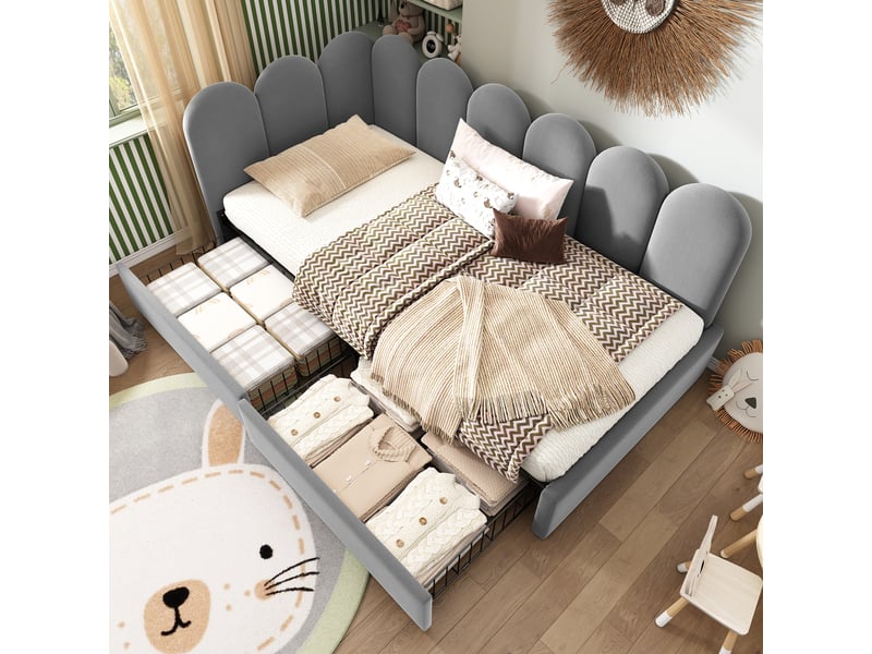  Lit gigogne 90x200 cm, revêtement en velours, coloris gris, 2 tiroirs intégrés, sommier à lattes inclus, matelas non inclus, cadre fonctionnel  - Conforama D