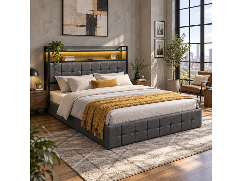 Lit coffre 2 places 140x200 cm, lit adulte avec rangement, led, port usb, tissu en fond, lin gris - Conforama B