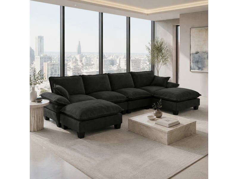  Canapé d'angle panoramique modulable 6 places en chenille noir avec ottomane mobile  - Conforama D